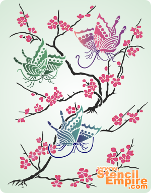 Sakura et papillons - pochoir pour la décoration
