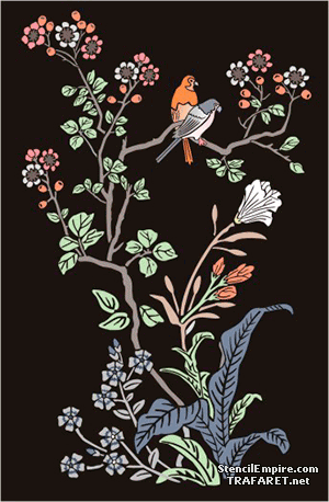 Oiseaux orientaux sur une branche - pochoir pour la décoration